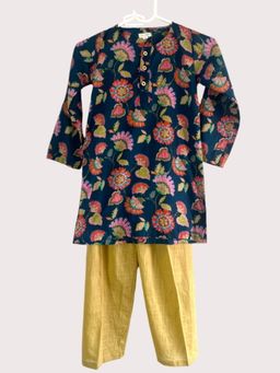 Mini Maana - Sanil Blue Cotton Floral Printed Kurta with Pyjama