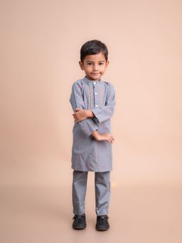 Mini Maana - Vihaan Grey Jamdani Cotton Embroidered Kurta with Pant