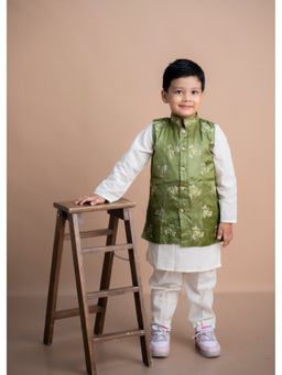 Mini Maana - Dhruv Green Cotton Floral Embroidered Bandi with Kurta & Pyjama