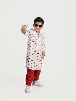 Mini Maana - Naman Pathani White Cotton Animal Printed Pathani Kurta with Pant