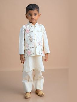 Mini Maana - Priyaan Ivory Cotton Floral Embroidered Kurta with Pant and Waist Coat