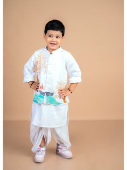 Mini Maana - Aarav White Jute Linen Hand painted Kurta with Dhoti and Waist Coat