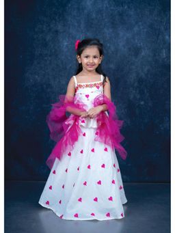 Mini Maana - Ahana White Cotton Hand Embroidered Skirt with Blouse & Dupatta