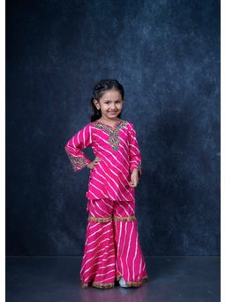 Mini Maana - Jiya Pink Cotton Leheriya Embroidered Kurta with Gharara and Dupatta