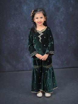 Mini Maana - Mishka Green Velvet Embroidered Kurta with Gharara