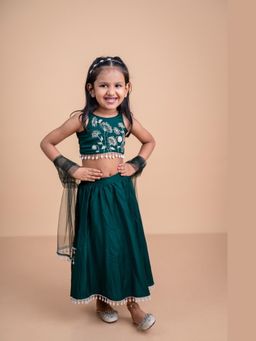 Mini Maana - Somya Deep Green Cotton Embroidered Skirt with Blouse & Dupatta