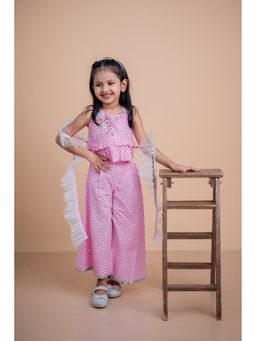Mini Maana - Amaira Pink Cotton Leheriya Printed Top with Sharara and Dupatta