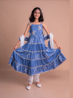 Mini Maana - Adira Blue Cotton Bandhani Print Kurta with Pant and Dupatta