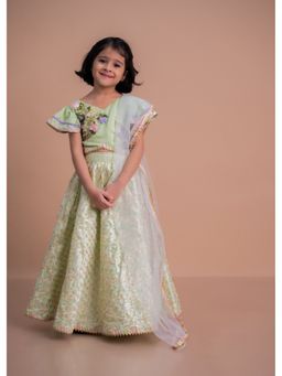 Mini Maana - Aarna Green Cotton and Silk Taffeta Embroidered Skirt with Blouse & Dupatta