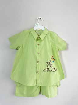 Mini Maana - Teddy Green Cotton Hand Embroidered Shirt and Shorts