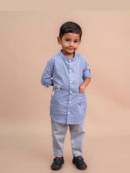 Mini Maana - Umang Shirt Blue Cotton Hand Embroidered Shirt Kurta with Pant