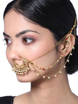 Yellow Chimes - Gold Toned Non Piercing Crystal Studded Nose Ring with Chain for Women