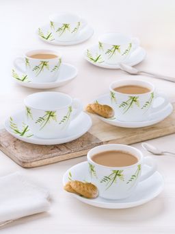 Larah by Borosil - 12Pc 140Ml Green Herbs Opalware Tea Cup And Saucer Set