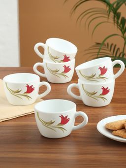 Larah by Borosil - 6Pc 140Ml Red Lily Opalware Tea-Coffee Cup Set