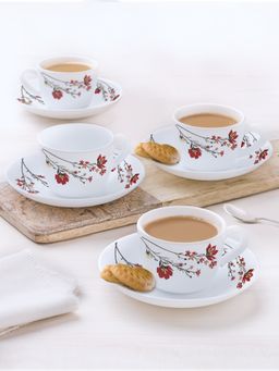 Larah by Borosil - 8Pc 140Ml Chrys Red Opalware Tea Cup And Saucer Set