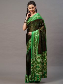 Odette - Brown & Green Casual Satin Silk Printed Saree with Unstitched Blouse
