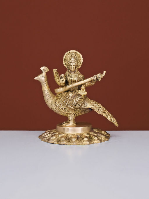 Ekaa Handicrafts Brass Goddess Saraswati Idol On Peacock For Pooja