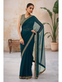 Soch - Womens Turquoise Blue Stones Embroidery Georgette Saree with Unstitched & Stitched Blouse