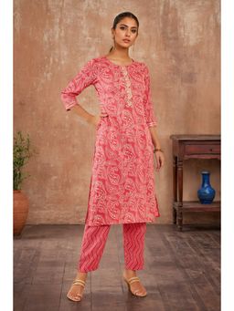 Soch - Womens Coral Rayon Kurta with Paisley Print (Set of 2)