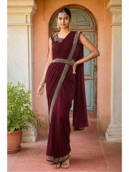 Soch - Womens Wine Spandex Embellished Ready To Wear Saree with Stitched Blouse