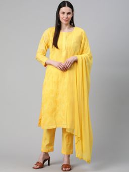 ADA - Hand Embroidered Lucknowi Chikankari Yellow Pure Cotton Unstitched Dress Material [A211143]