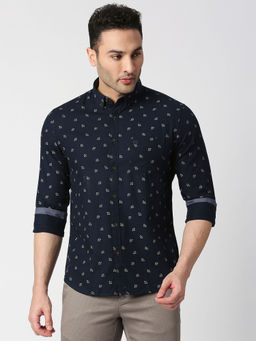 Dragon Hill - Navy Herringbone Printed Shirt with Pocket