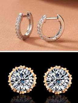OOMPH - Crown Cubic Zirconia Small Stud & Hoop Earrings (Combo of 2)