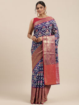 Banarasi Silk Works - Royal Blue & Magenta Kanchi Pattu Border Saree with Unstitched Blouse