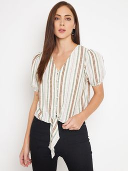 CAMLA - Beige Stripes V-Neck Top Beige