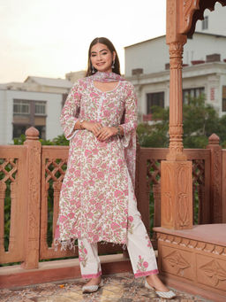 SAJILO - Jasmine Handblock Floral Cotton Kurta with Pant and Dupatta (Set of 3)