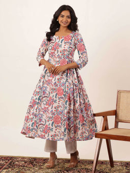 SAJILO - Milky Handblock Cotton Anarkali Kurta and Pant (Set of 2)