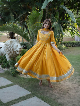 SAJILO - Marigold Gotapatti Cotton Anarkali Kurta with Pant and Dupatta (Set of 3)