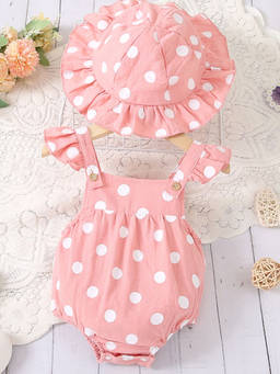 Hopscotch - Girls Polka Dot Print Ruffle Sleeve Onesie with Hat