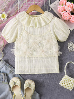 Hopscotch - Girls Cream Ruffle Embellished Top