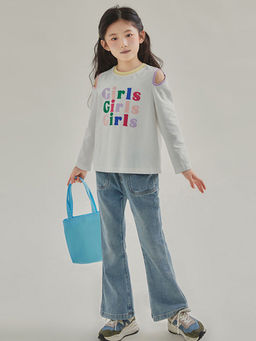 Hopscotch - Girls Grey Text Print Cold-Shoulder Sleeve T-Shirt