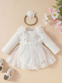 Hopscotch - Girls White Floral Applique Full-Sleeve Onesie with Headband