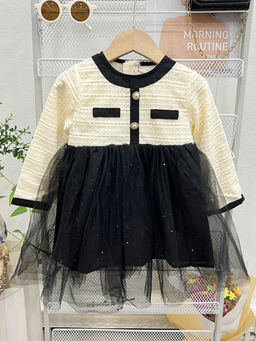 Hopscotch - Girls Beige and Black Floral Embroidered Full-Sleeve Casual Dress