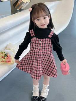 Hopscotch - Girls Pink and Black Houndstooth Print Casual Dress with Sweatshirt