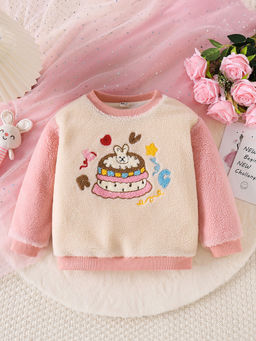 Hopscotch - Girls Pink and Beige Cake Embroidered Full-Sleeve Sweatshirt