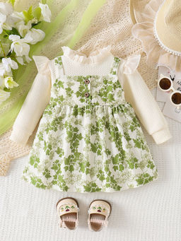 Hopscotch - Girls Green and Cream Floral Print Full-Sleeve Ruffle Neck Casual Dress