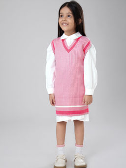 Hopscotch - Girls White and Pink Solid Full-Sleeve Casual Dress with Sweater