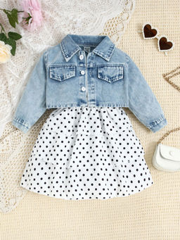 Hopscotch - Girls White and Blue Polka Dot Print Sleeveless Casual Dress with Jacket