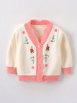 Hopscotch - Girls White and Pink Floral Embroidered Full-Sleeve Cardigan