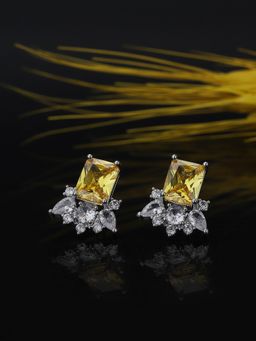 Carlton London - Premium Silver & Yellow Toned CZ Studded Rhodium-Plated Stud Earrings