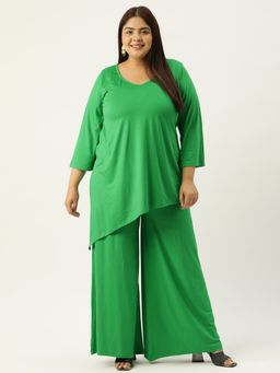 theRebelinme - Plus Size Women Emerald Green Solid Colour Top With Palazzos (Set of 2)