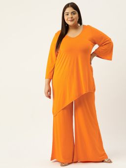 theRebelinme - Plus Size Women Orange Solid Colour Top With Palazzos (Set of 2)