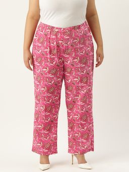 theRebelinme - Plus Size Women Fuchsia Pink Floral Print Cotton Trouser