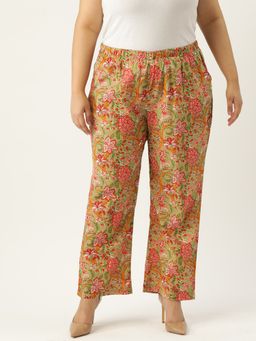 theRebelinme - Plus Size Women Green Floral Print Cotton Trouser