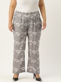 theRebelinme - Plus Size Women Grey Monotone Floral Print Cotton Trouser