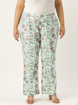 theRebelinme - Plus Size Women Sea Green Floral Print Cotton Trouser
